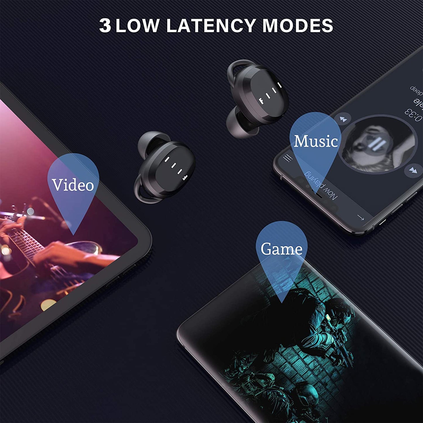 T1XS Bluetooth 5.0 Wireless Earbuds - Waterproof In-Ear Earphones with Microphone, Compatible with + APP for iPhone & Android (Black)