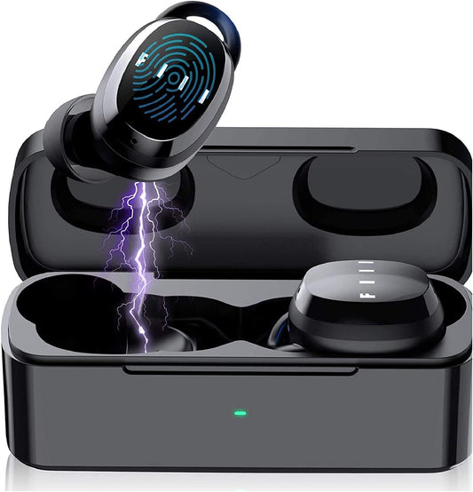 T1XS Bluetooth 5.0 Wireless Earbuds - Waterproof In-Ear Earphones with Microphone, Compatible with + APP for iPhone & Android (Black)